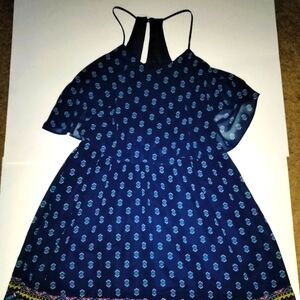 Exhilaration (Size M) Navy Blue & Print Layered Halter Keyhole Racerback Dress